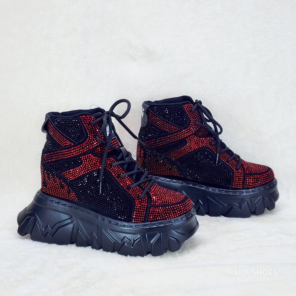 Anthony Wang Berry Red & Black Rhinestone Platform Hidden Wedge Sneakers